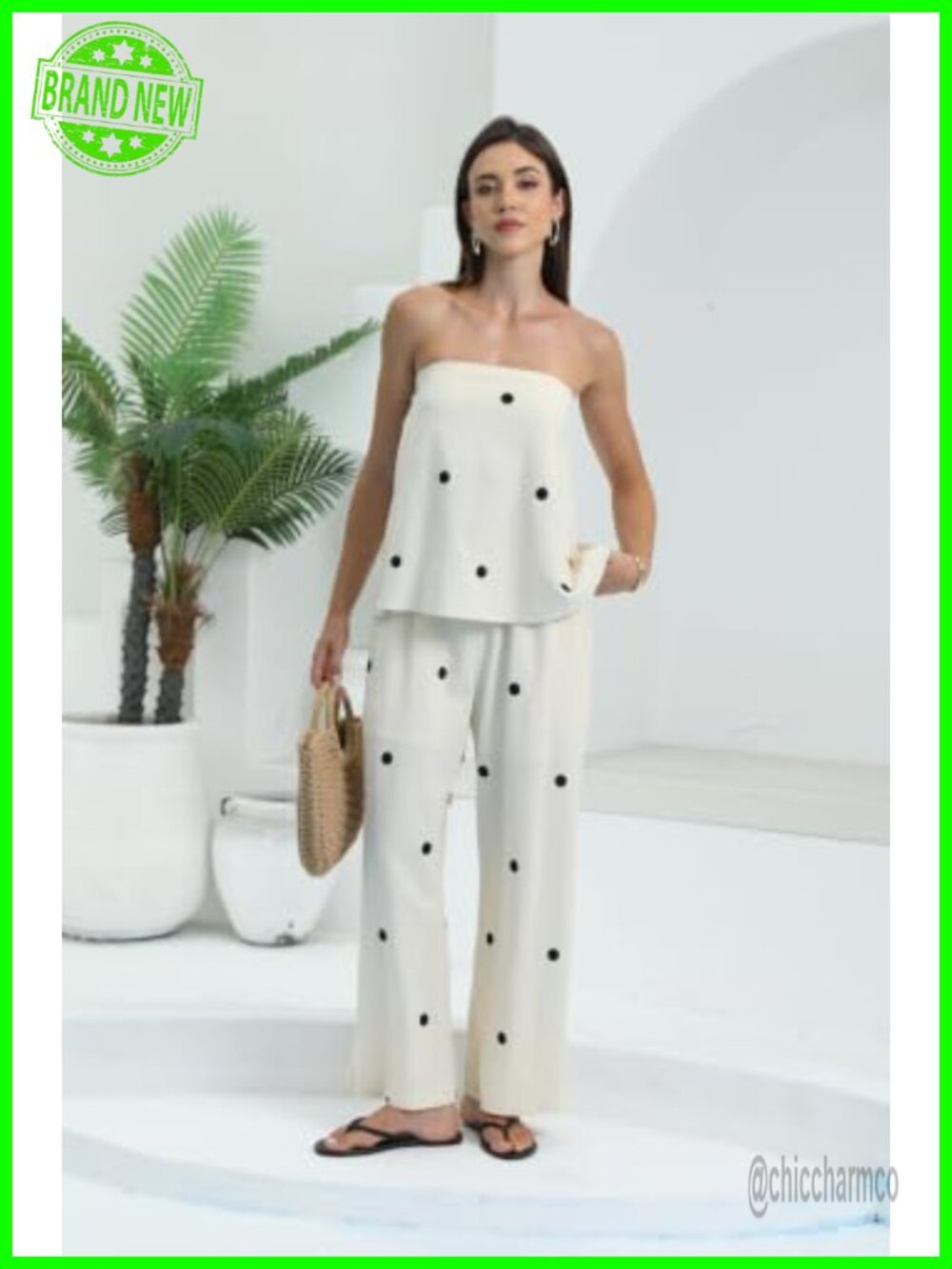 Polka Dot Strapless Tube Top Wide Leg Pants Lounge Set 2 Piece - Picture 2 of 6